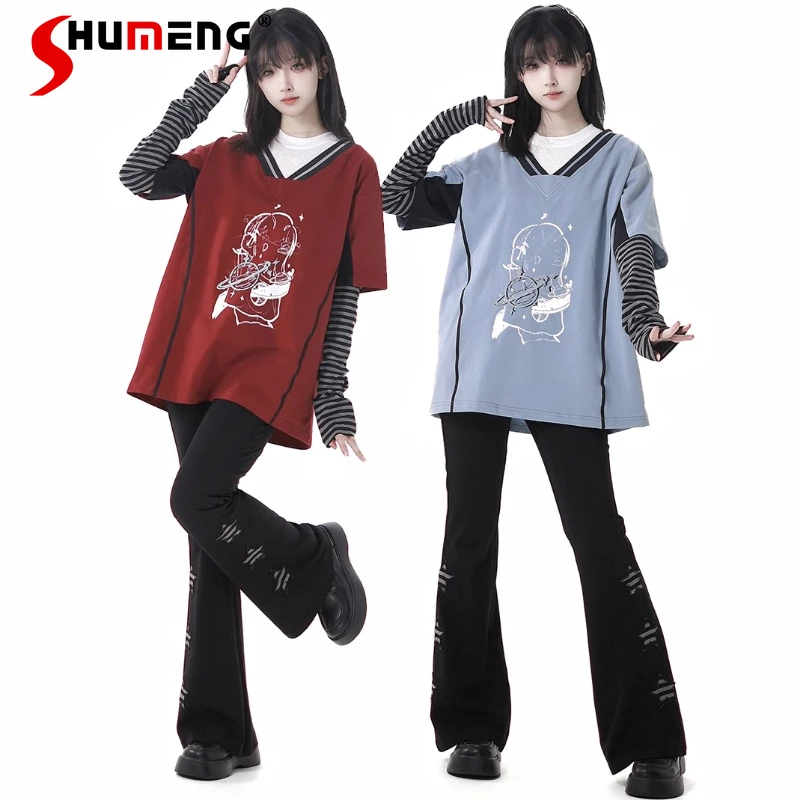 

2025 Summer New Women's Clothing Kawaii Top T Shirts Japanese Cool Jersey Design Fake Two-piece Short-sleeved T-shirt Pullovers