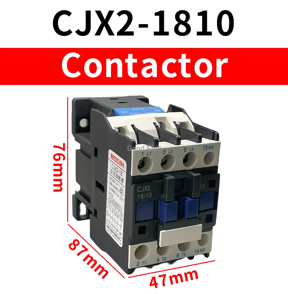 CJX2-1810 AC Contactor 18A 3 Phase 3Pole NO Coil Voltage 380V 220V 110V 36V 24V 50/60Hz Din Rail Mounted 3P+1NO/3P+1NC