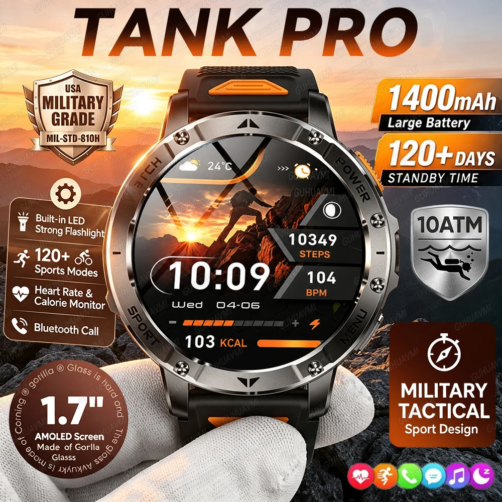2026 New TANK PRO 1400mAh Battery Smart Watch 1.7" HD AMOLED Screen Flashlight Fitness Tracker Watch 10ATM Waterproof Smartwatch