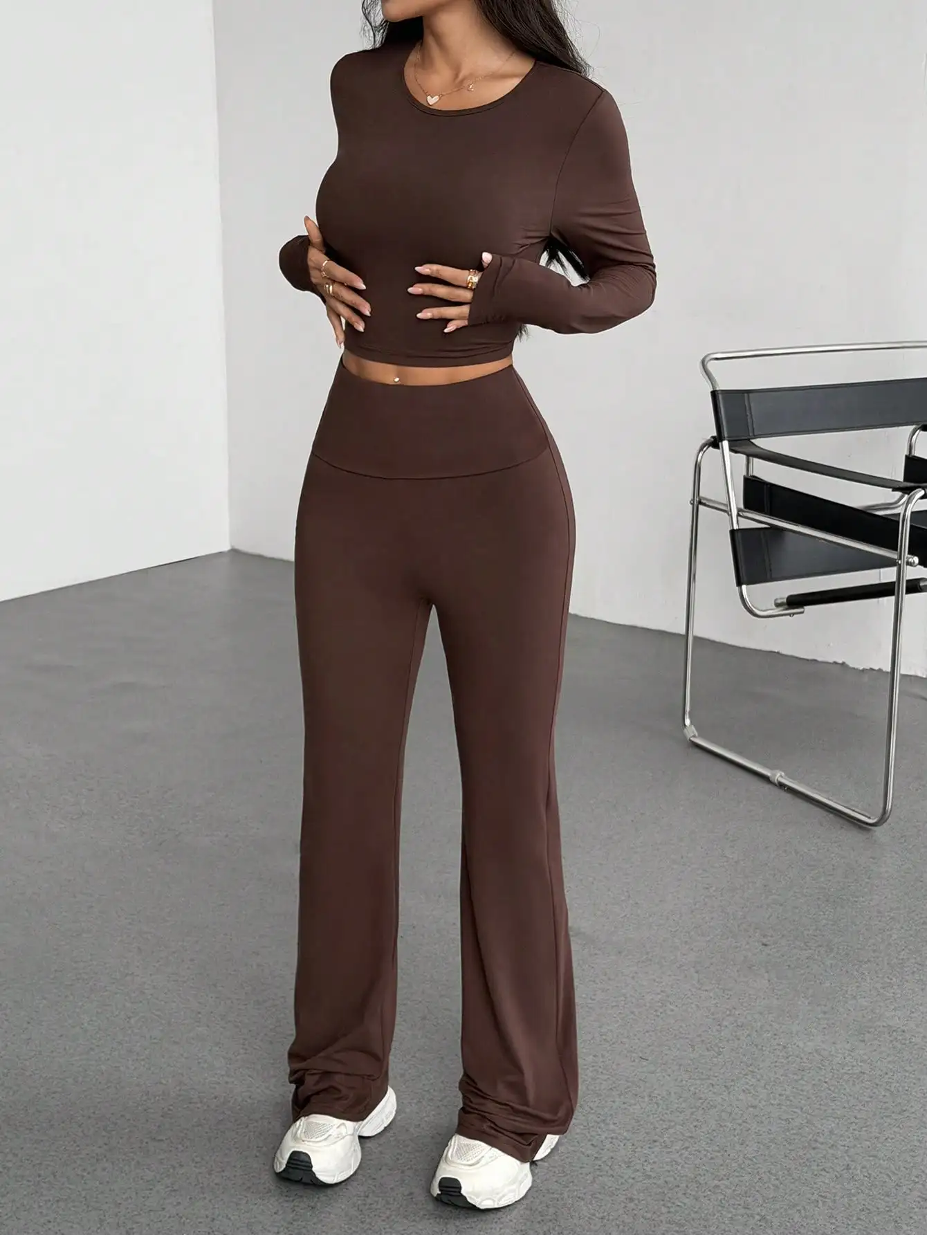 브라운 여성용 2피스 긴팔 크롭탑 & 하이웨이스트 팬츠 세트, 데일리 캐주얼 스트리트웨어, 가을
