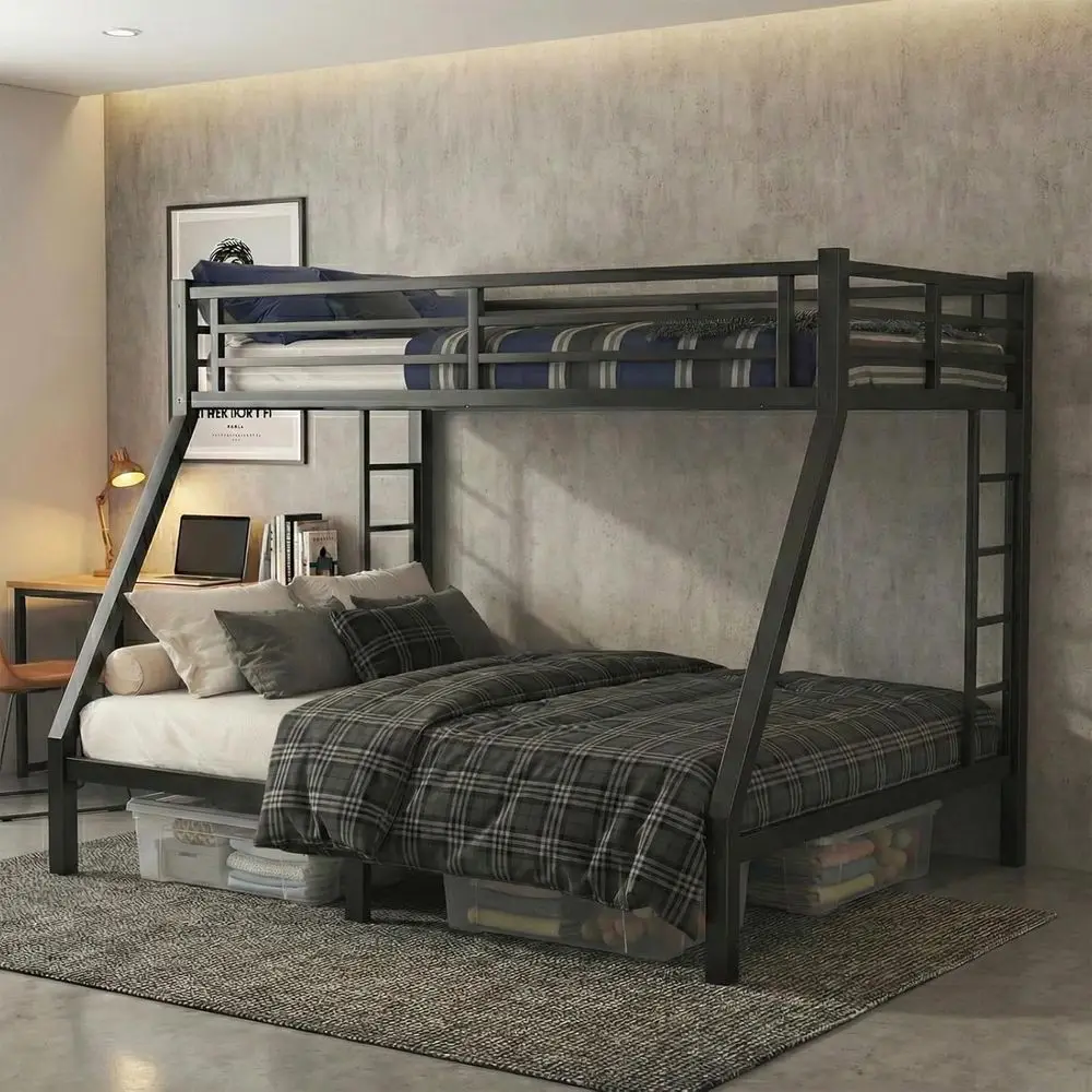 

Прочная металлическая двухъярусная кровать Twin XL над двуспальной кроватью для взрослых и детей, двухъярусная кровать Twin над двуспальной с 2 лестницами, шумоизолирующая, без шумопоглощающих элементов.