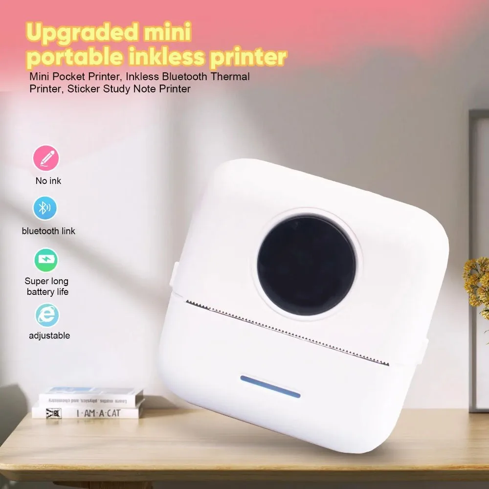 Mini HD Pocket Thermal Printer BT Inkless 57mm Thermal Paper Sticker Label Photo Text Printer For iOS Android Students Office