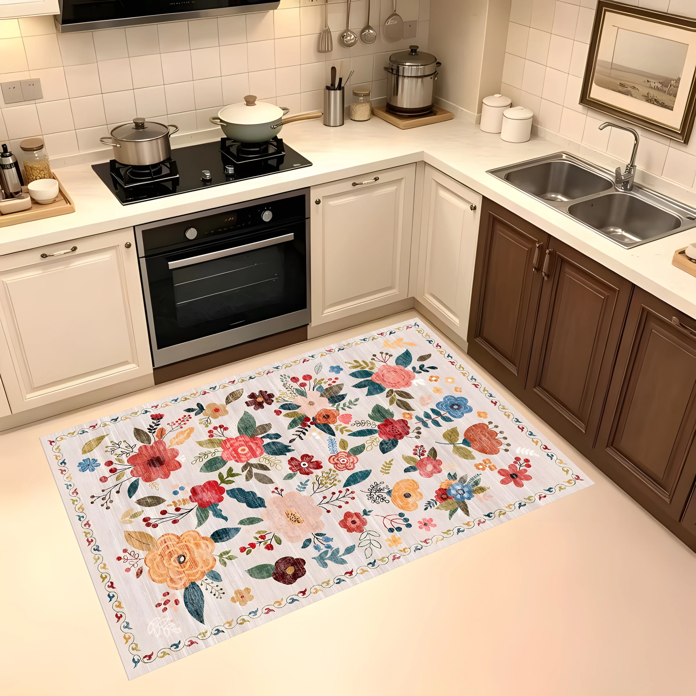 2D Carpet with Hand-Painted Fresh Floral Patterns, Featuring a Pastoral Soothing Style, Suitable for Living Room and Bedroom