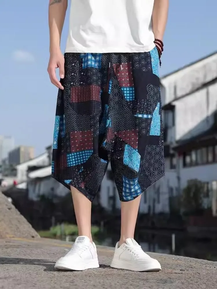 Vintage Printed Harem Shorts Men High Street New Summer Loose Fit Drawstring Chinese Style Harajuku Drop Crotch Casual Shorts