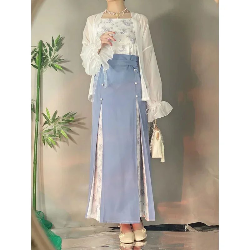 

Song Dynasty Sweet Hanfu Dress Three Piece Suit Lace Trumpet Sleeve Jacket Printed Sling Improved Modern Horse Face Skirt Women