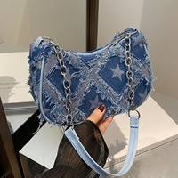 Women's Tote Bag with Star Pattern Blue Distressed Design, Golden-Tone Hardware, Stylish Handbag Shoulder Bag for Everyday Use