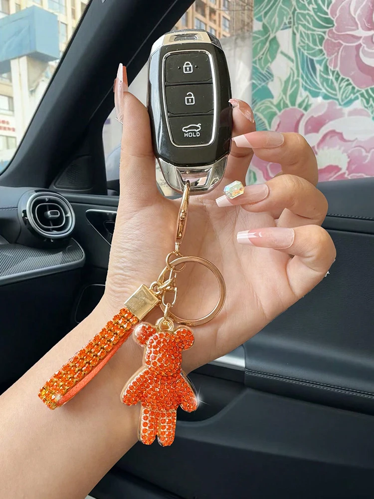 Fashionable men\'s and women\'s full diamond pink/orange/white teddy bear keychain exquisite women\'s sense of luxury car keychain