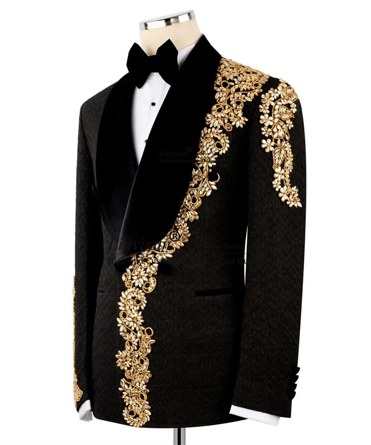 

Glitter Metal Embellished Men Suit Jacquard Groom Tuxedo Customized 2 Piece Sets Groom Blazer Male Crystal Stones Ropa Hombre