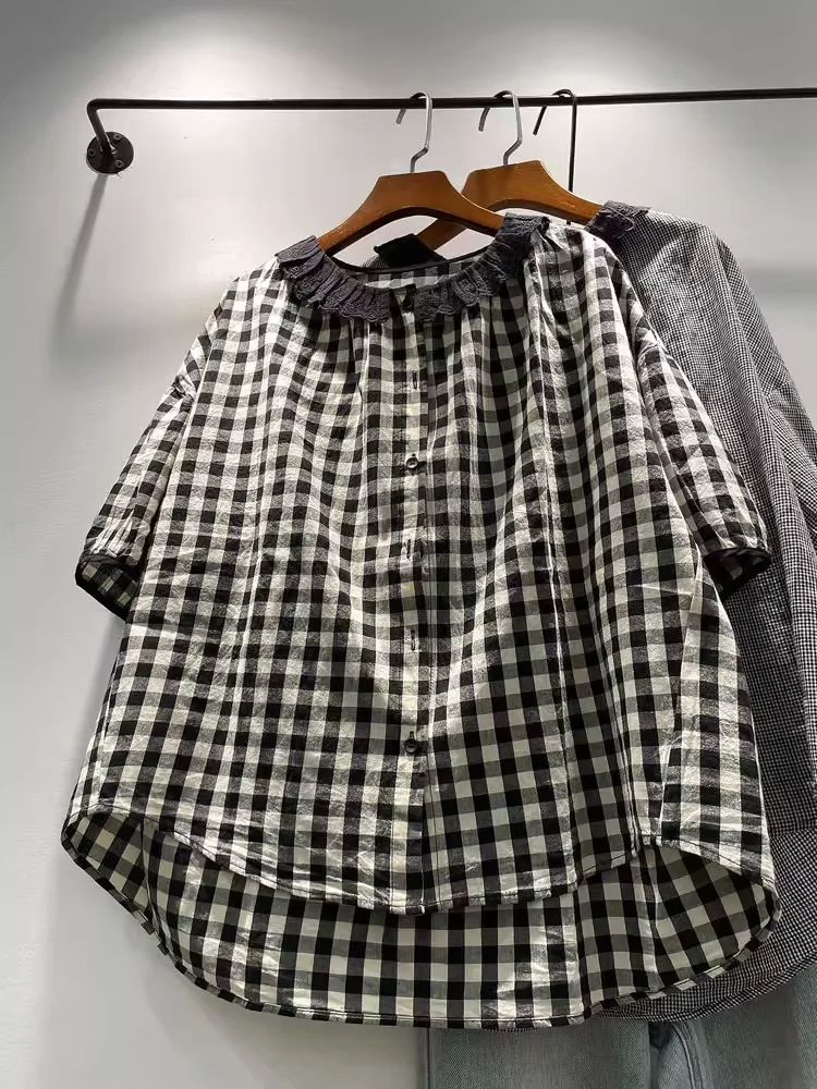 

Plus size women clothing Japan style cotton lace collar white black check shirts for women summer loose plaid plus size blouses