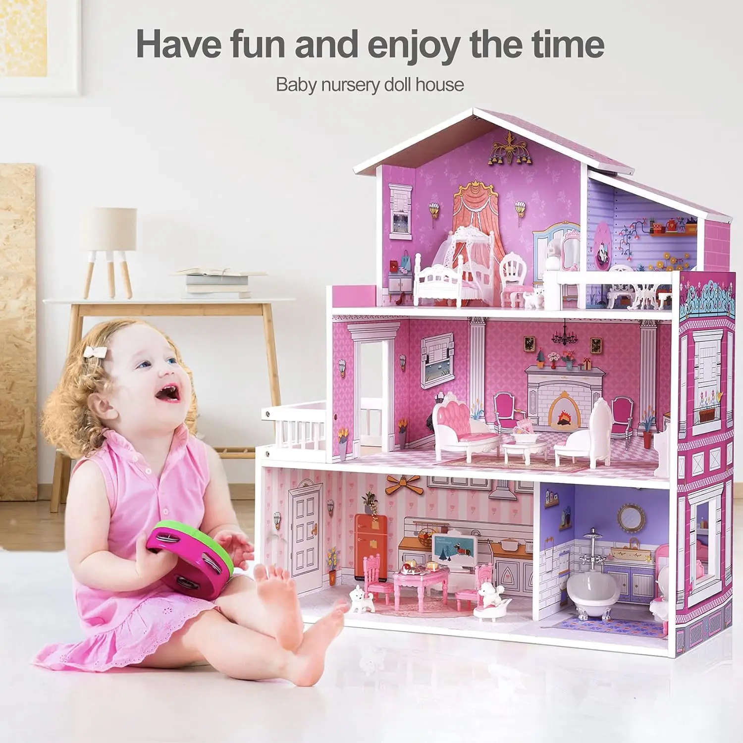 Robud Dolls House Kids Wooden Toy Dollhouse with Furniture and Accessories Wood Doll House Kids Gifts for Girls Age 3+