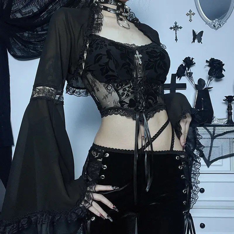

Japanese Vintage Gothic Lolita Shirt Flared Sleeves Cardigan Women Y2k Lace Crop Tops Black Blouses Harajuku Cosplay Outerwear