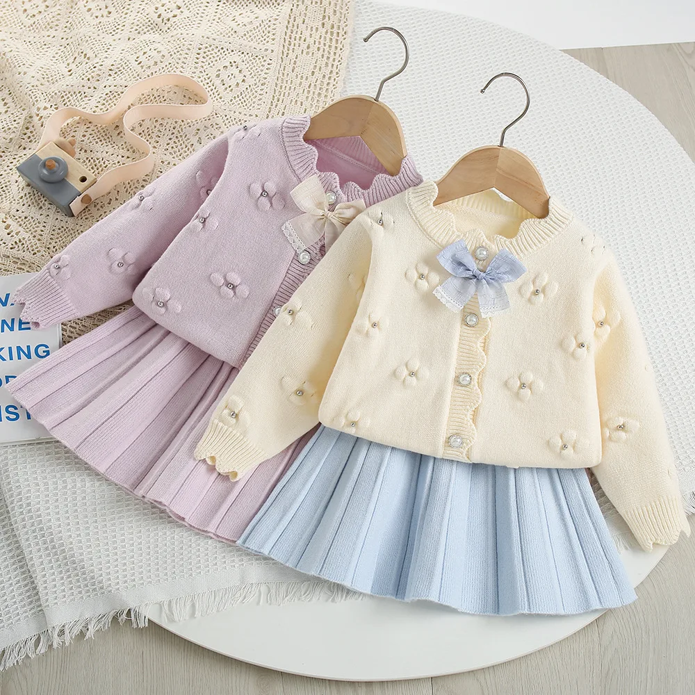 2026 New Autumn Kids Sweater Set 9M-5T Cute Flower Bow Girls Knitted Cardigan +Short Skirt Children Outfit 2PCS