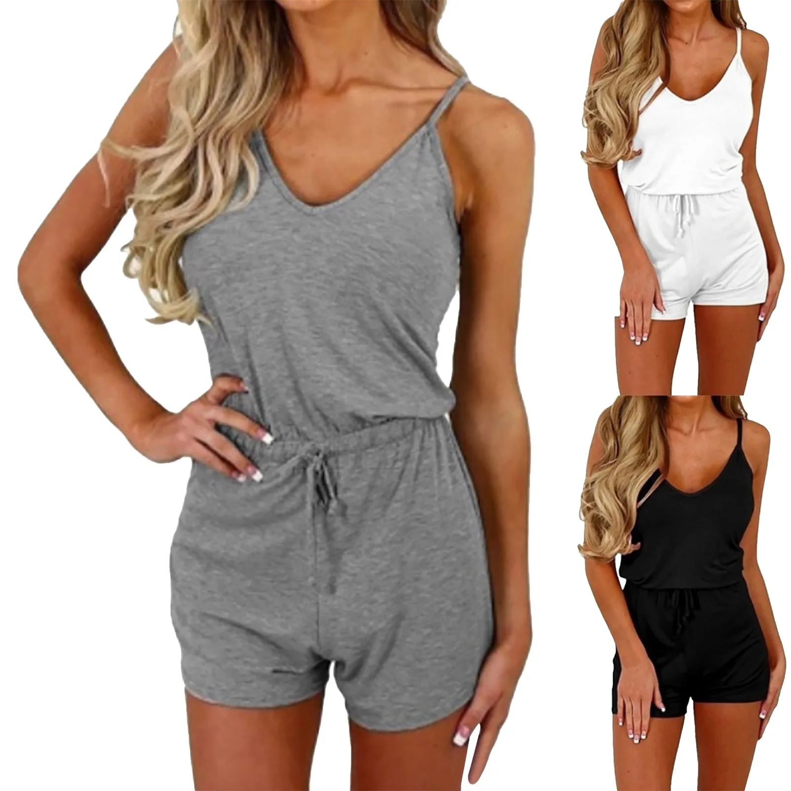 

Lady Summer Romper Wide Leg Casual Sleeveless Solid Color V-neck Short Drawstring Waist One-piece Ladies Overall Women Clothing