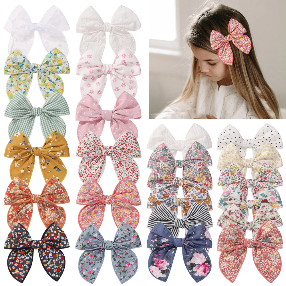 

Bulk 48pc/lot 5.3inch Floral Prints Fable bow Hair Clips Baby Girls Hair Accessories Kids Cotton Bowknot Hairpins Kids Barrettes