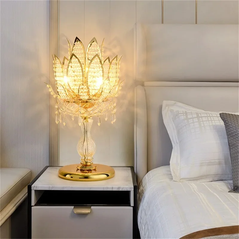 ABEL Luxury Table Lamp Crystal Modern Gold Lotus Creative Decoration LED Desk Light For Home Bedside