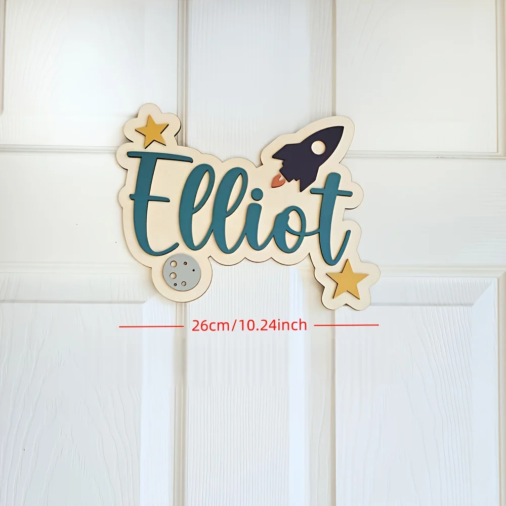 Personalized Space-Themed Room Sign - Customizable Name with Green Letters and Blue Rocket, Wooden Easy-to-Install Door Hanging image 5