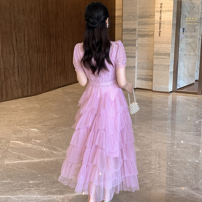 달콤한 핑크 진주 구슬 케이크 프릴 파티, 레이스 메쉬 패치워크 퍼프 슬리브, 할로우 아웃 베스티도, 원피스 프렌치 여름 패션