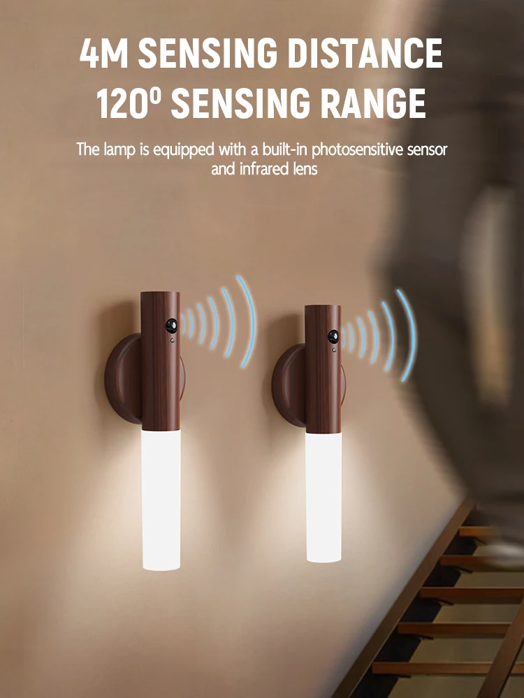Imagem -06 - Led Recarregável Magnético Luz Noturna Sensor de Movimento Criativo Inteligente Auto Pir Parede de Madeira Cozinha Armário Lâmpada 2024