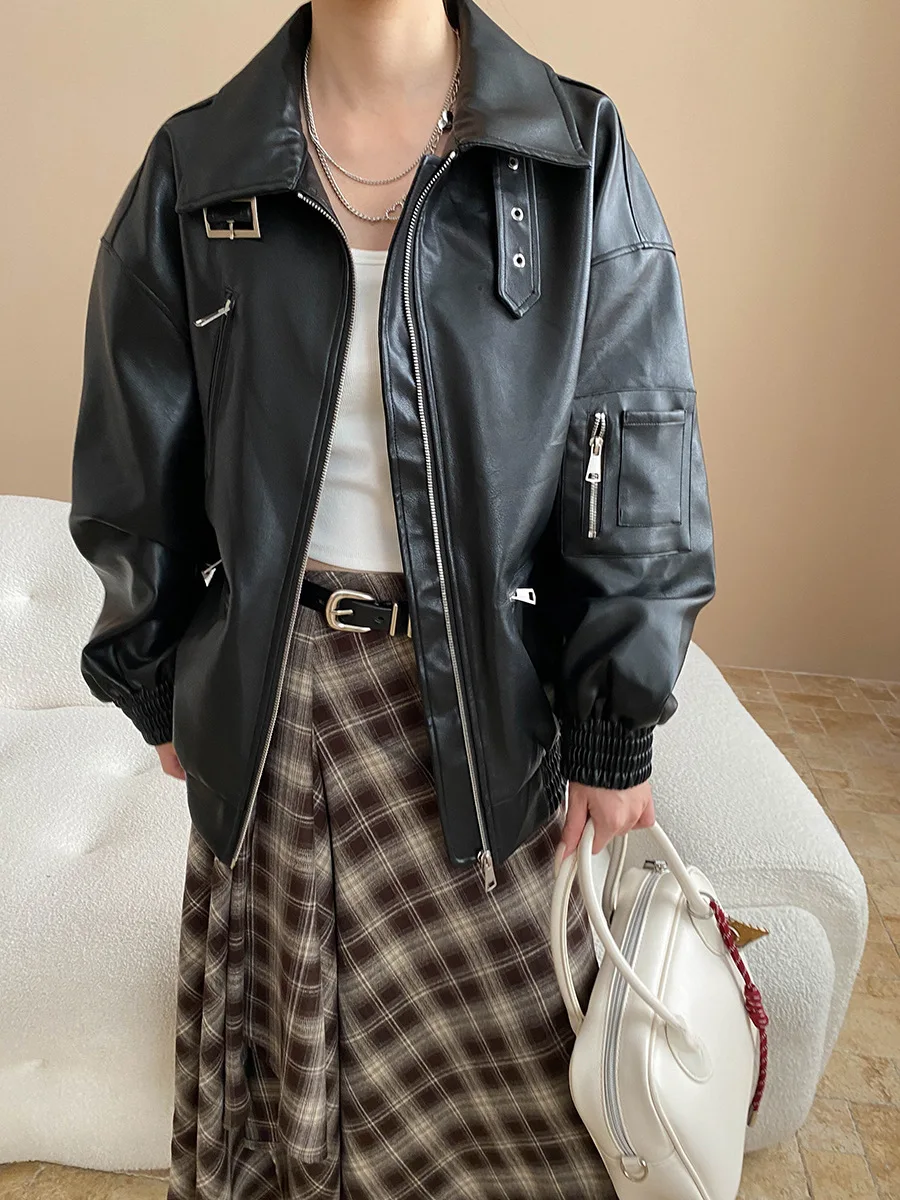 معطف جلد للدراجات النارية من Modern Street American Retro Matte PU بياقة جلدية كونتور