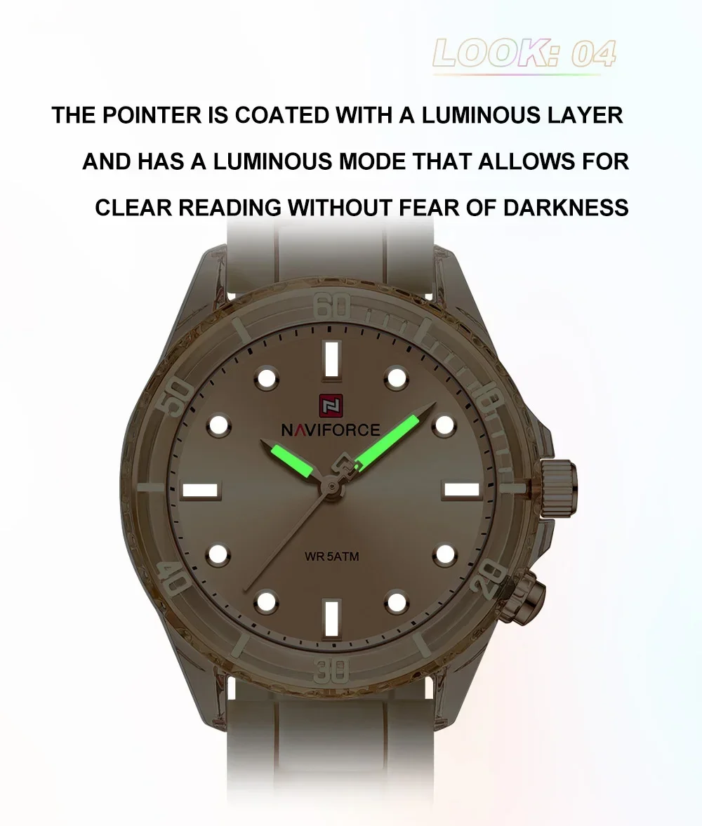 NAVIFORCE NF7115 Lightweight Silicone Women's Quartz Watches Elegant Waterproof Night Light Girls' Business Fashion Watch