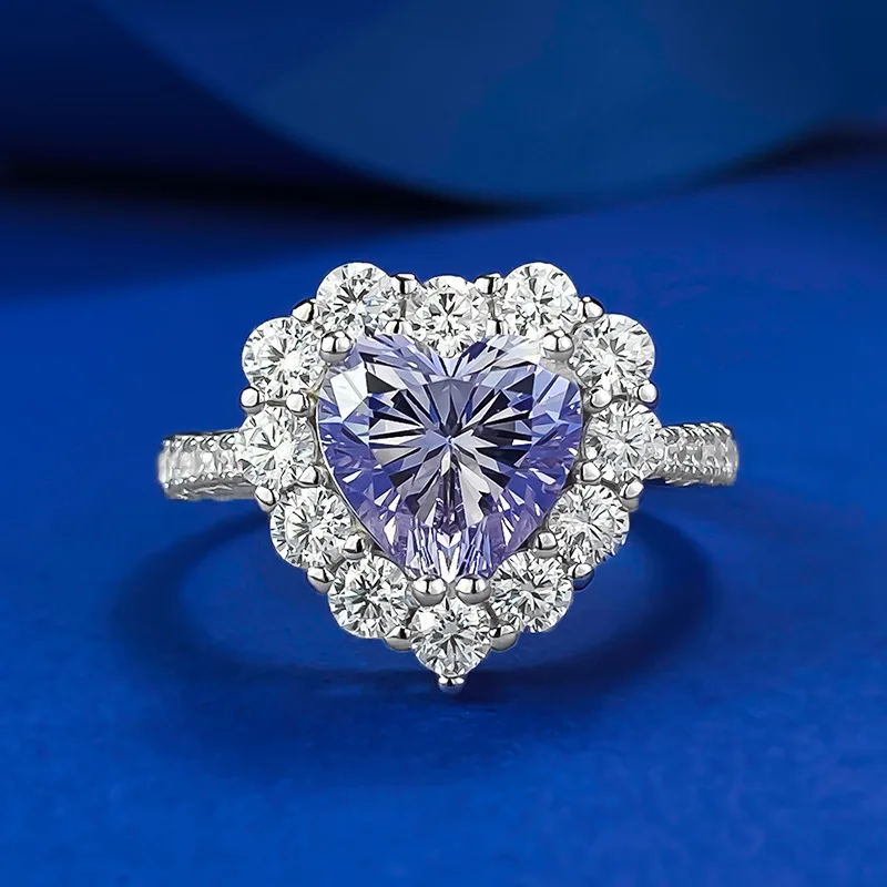 New High Carbon Diamond 925 Sterling Silver Ring Set with 8 * 8 Heart Shaped Lavender Purple Romantic Full Diamond Ring