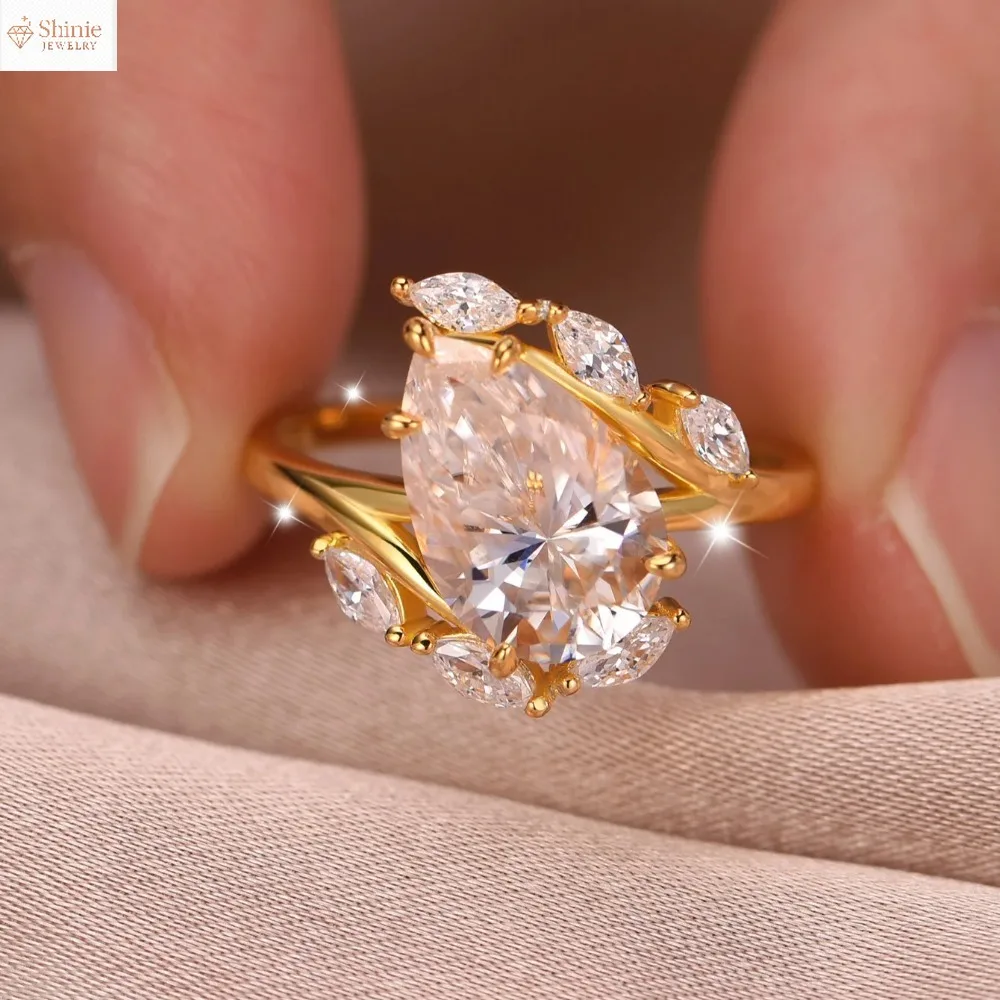 

Кольцо с муассанитом груши 4 карата, ювелирные изделия, стерлинговое серебро 925 пробы, позолоченное 18 карат, роскошный подарок