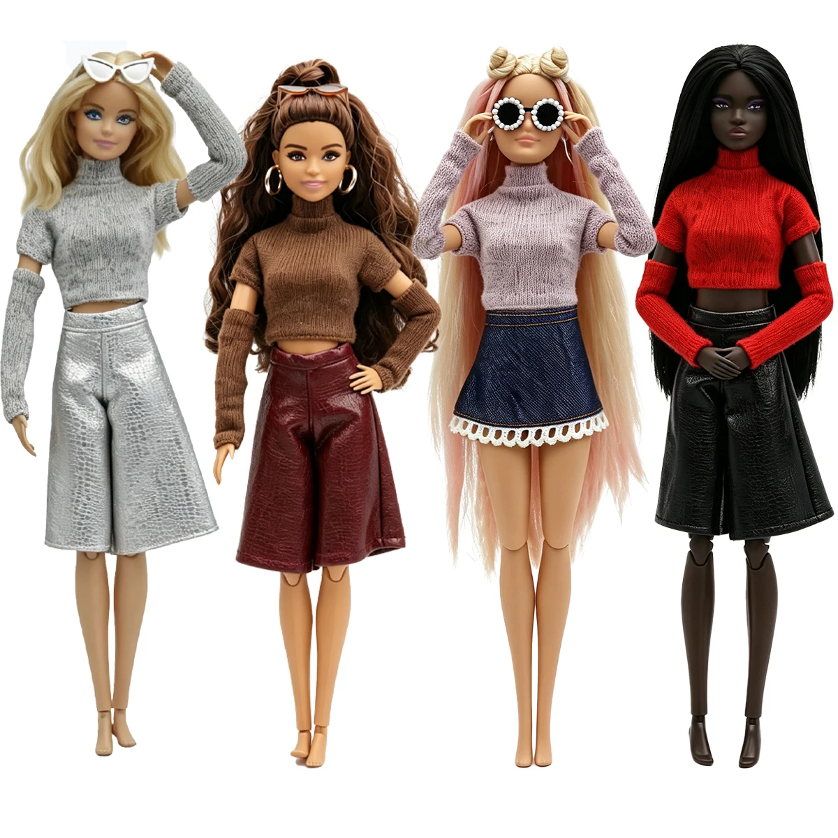 29 cm 4 Sets Fashion Doll Clothes for Barbie Doll Knitted Turtleneck Crop Top with Arm Sleeves PU Leather Shorts Skirt Outfits