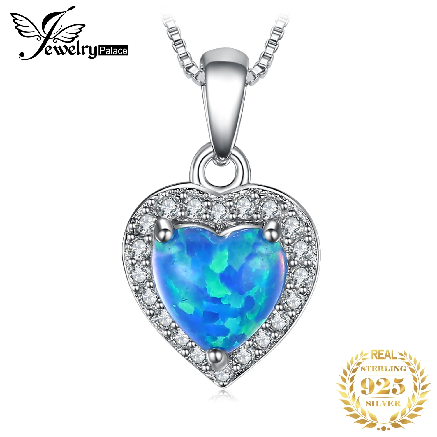 JewelryPalace Love Heart utworzono niebieski Opal 925 srebro naszyjnik dla kobiet dziewczyna modne ładne biżuteria bez łańcucha