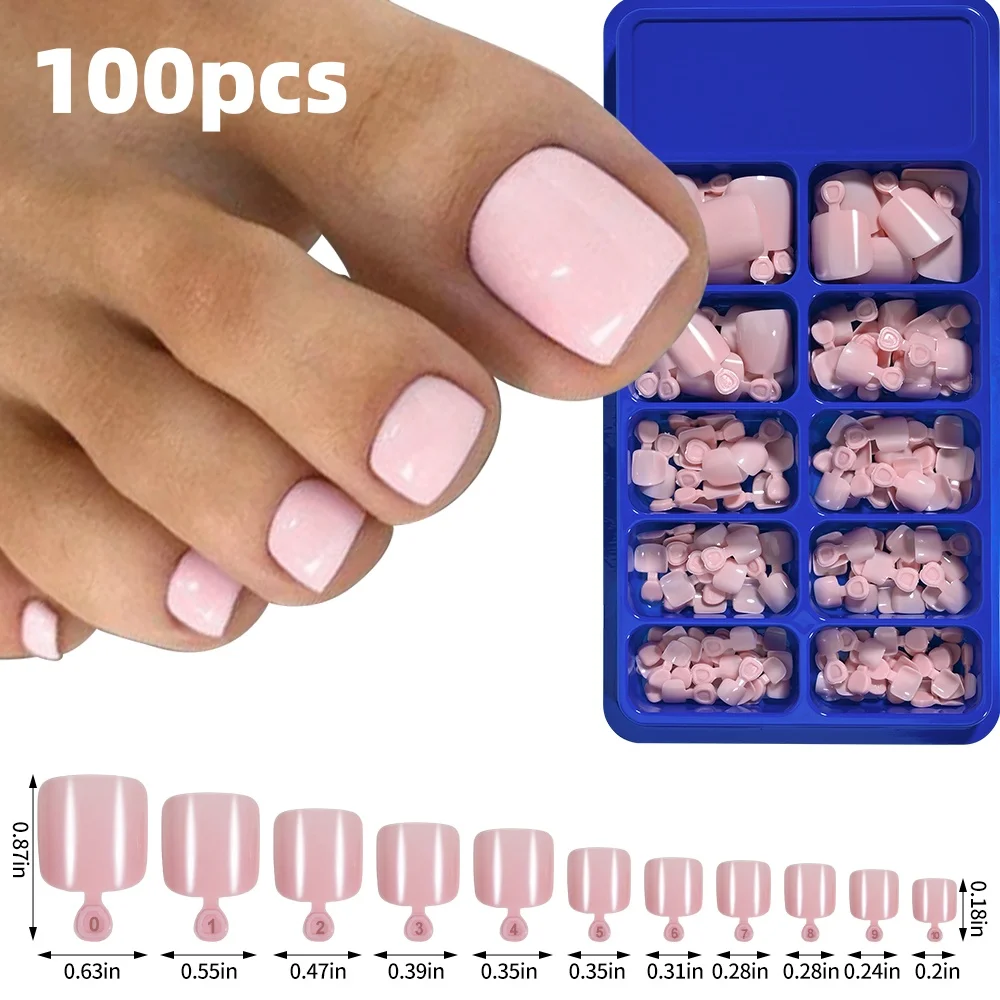 120 Stück/Box Französische Spitze zum Aufdrücken von Zehennägeln, rosa Farbsystem, quadratische Fußnägel, kurze Länge, glänzende Oberfläche, falsches Zehennägel-Set