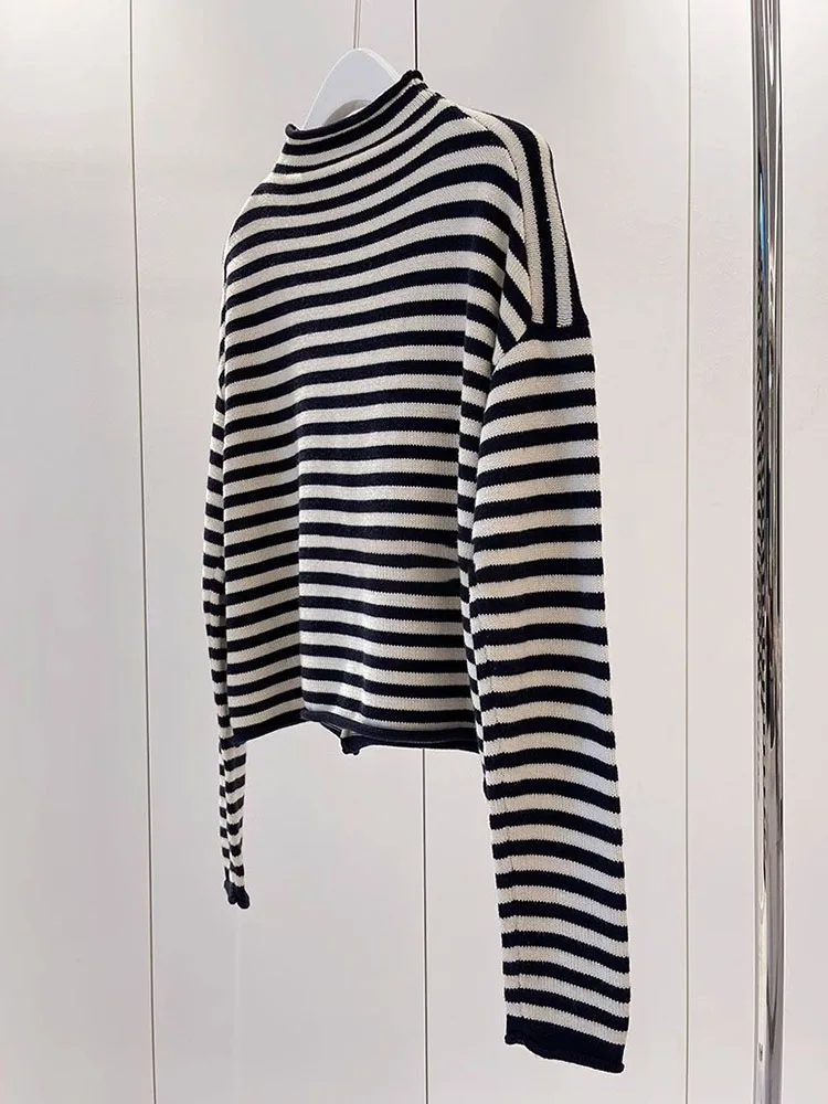 Atasan Rajut Desain Sensasi Warna Garis Blo Long Sve Nyaman untuk Bepergian, Kancing Tunggal, Model Slim