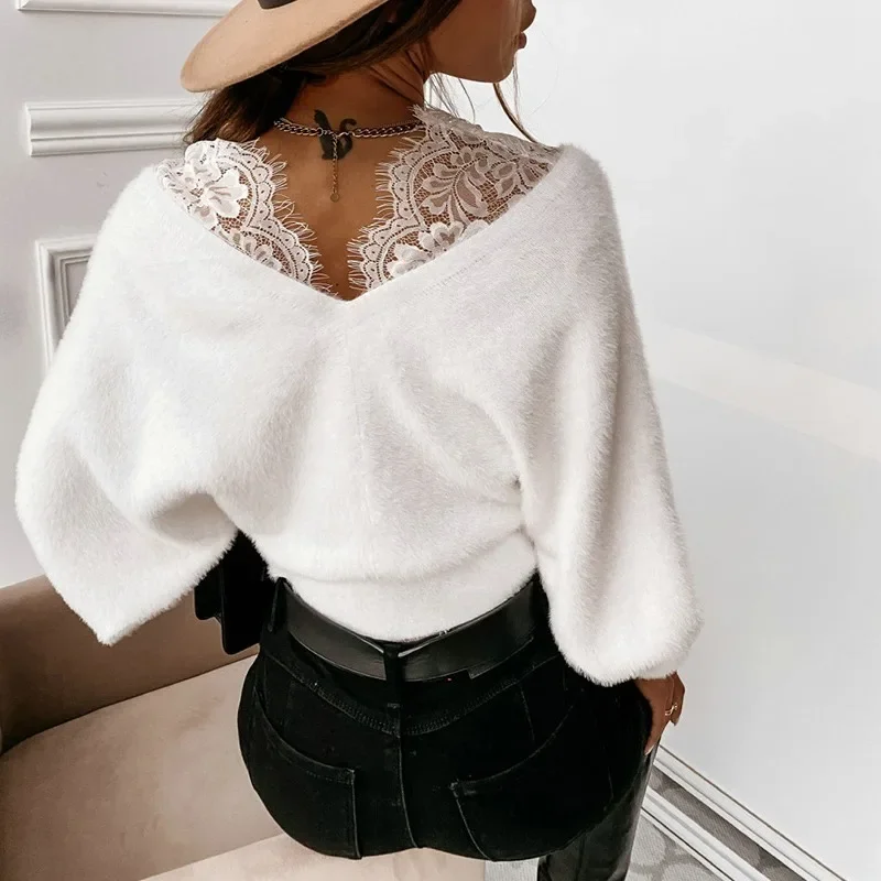 Fashion Sexy V-neck Lace Patchwork Plush Long Sleeve Top Sexy Women's Solid Color Lace Sling Flannel Long Sleeve Top