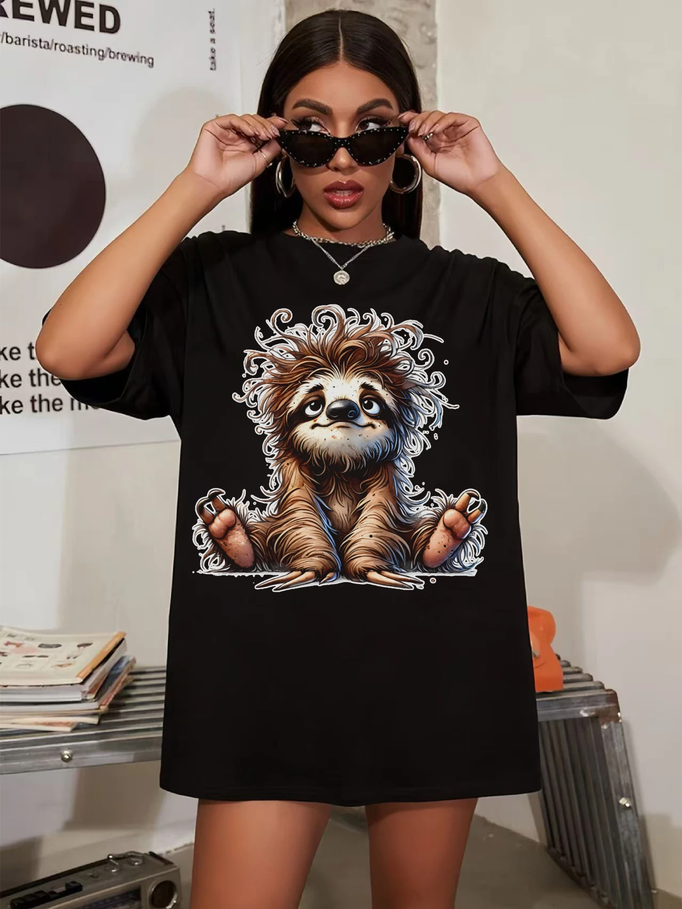 

Funny Watercolor Frazzled Quirky Sloth Women’s Black Round Neck T-Shirt Soft and Comfortable Plus Size Autumn Clothes Halloween