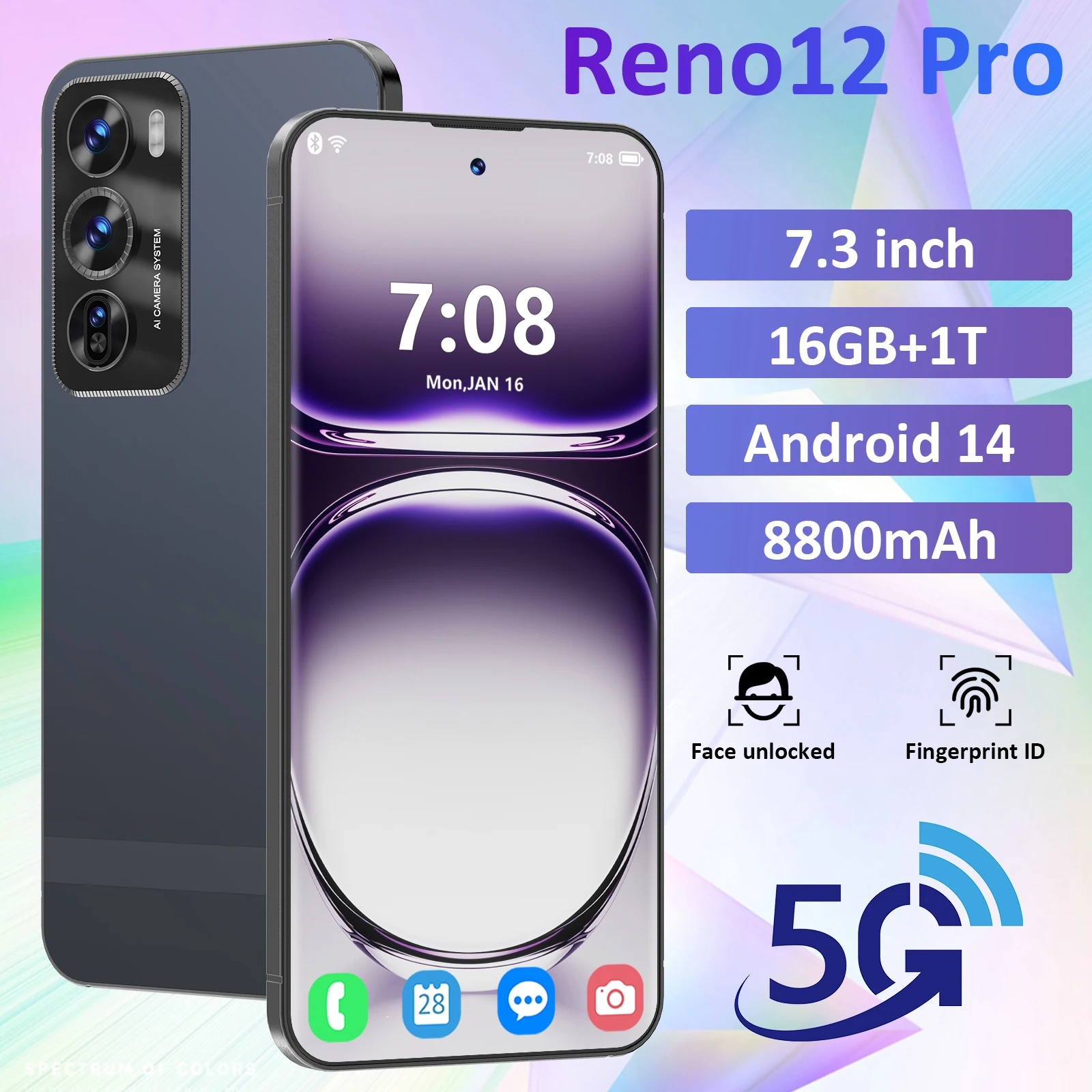 Global Version Reno12 Pro Smartphone 5G 7.3 inch HD Screen 8800mAh Qualcomm8 Gen 2 Android 14 Mobile Phone Unlocked Celulares