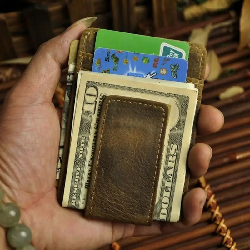 1PC Mad Horse Leather Wallet Bag Men's Practical Multi-card Coffee Black Dollar Clip Mini Magnetic Buckle Wallet Bag