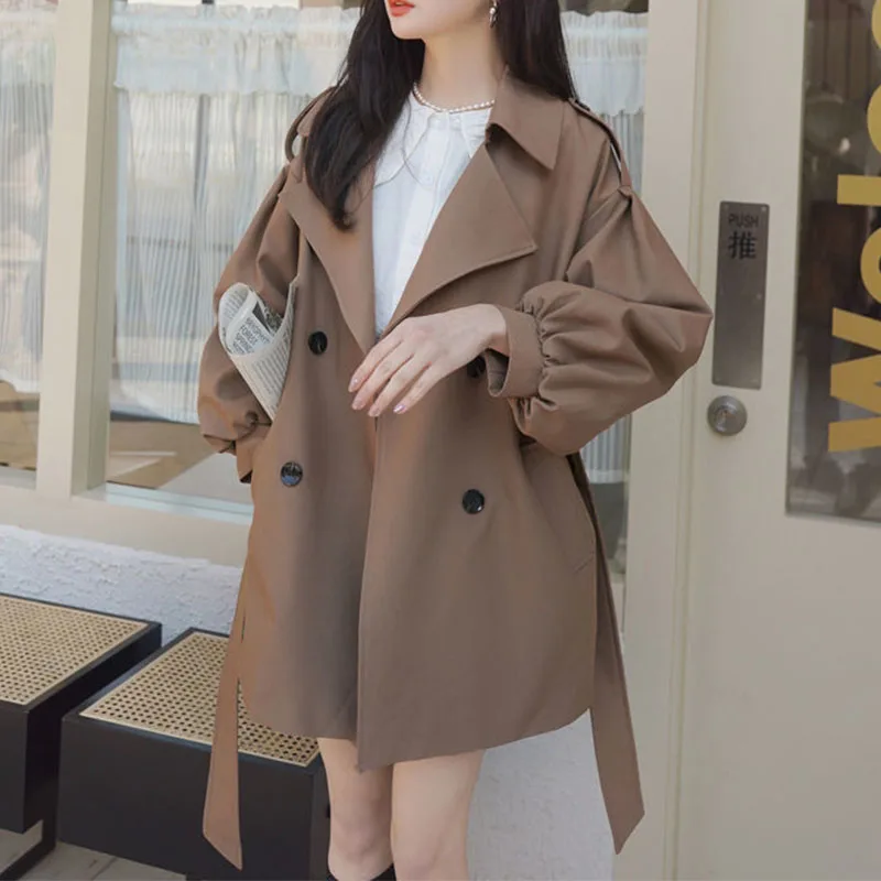 

Coffee Short Trench Coat Women Loose Spring Autumn Clothes New Korean Lantern Sleeve Coat