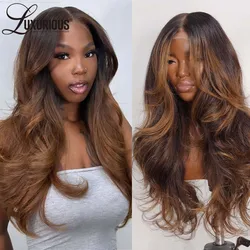 Inspired Layered Highlight Ombre Brown Colored Wig Blowout Looks 13x4 Lace Front Wig Glueless Wear And Go Wig With Curtain Bangs