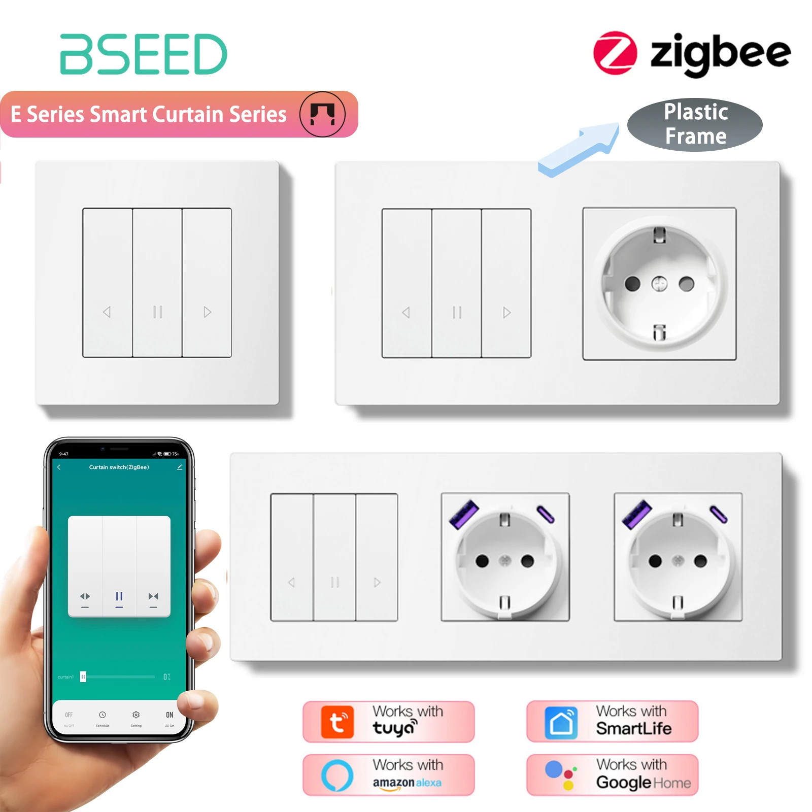 

BSEED Zigbee Curtain Switch Smart Click Button Switch for Curtain Plastic Frame Tuya Smart Life Alexa Voice Control