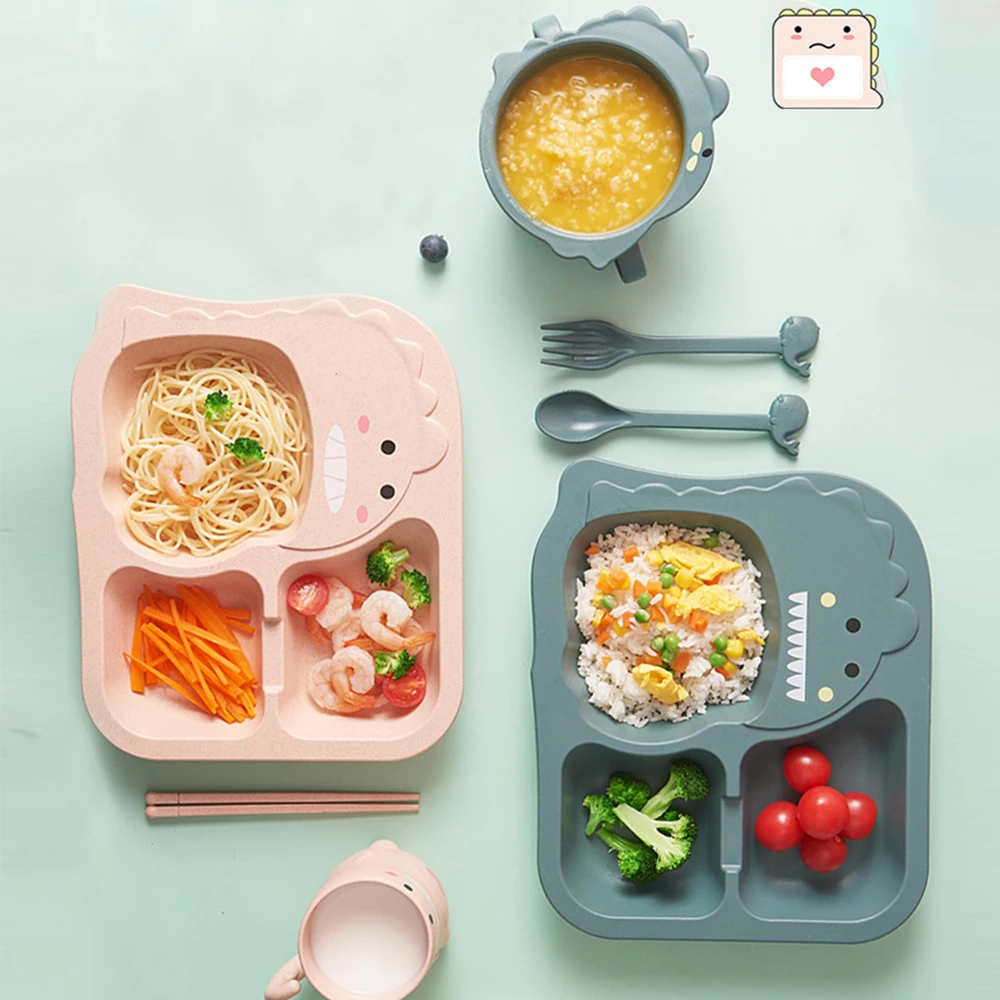 

Dinosaur Baby Dinnerware 4-Piece Set, Kids Divided Eco-Friendly Plate, Wheat Straw Cartoon Bowls & Cups
