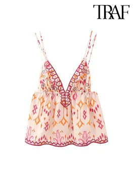 TRAF 2023 Jesienne podkoszulki z nadrukiem dla kobiet Casualowa bluzka bez rękawów z dekoltem w szpic Wakacyjna szykowna damska odzież uliczna