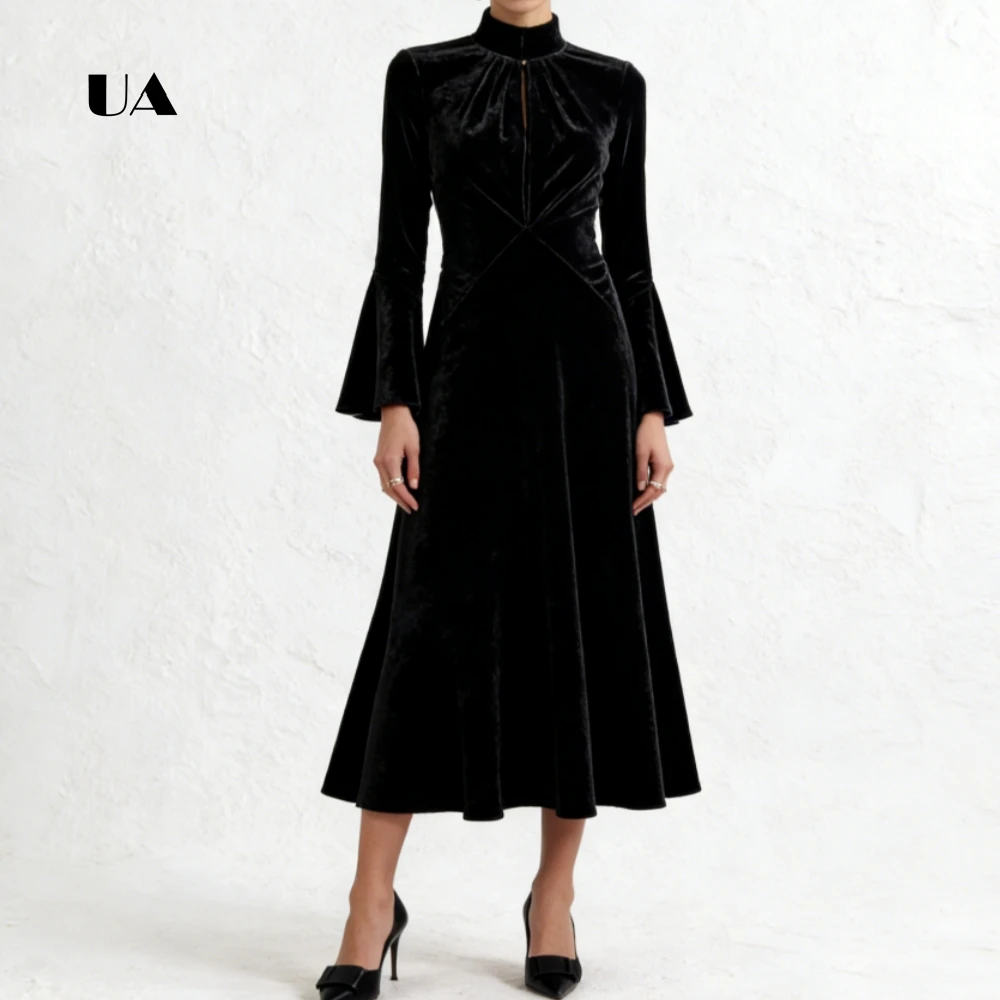ULBYANRY Velvet A-line Prom Dress with Flare-cuff Sleeves, Solid Turtleneck Evening Dress, Keyhole Draped Customized Party Gown