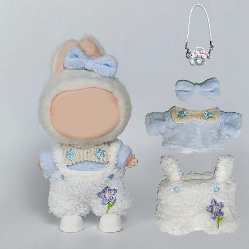 

Kawaii Bunny Ear Cloth Set for Labubu - Plush Outfit with Blue Bow, 17cm Mini Plush Doll'S Clothes , Perfect for Decoration
