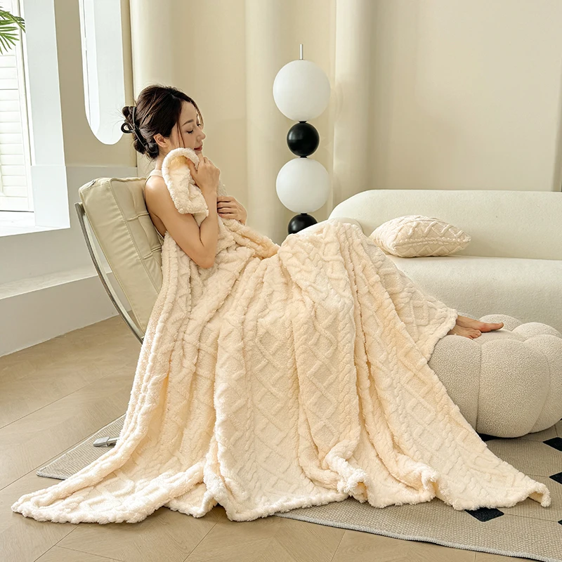 1pc Coral Fleece Blanket for Winter Thick Soft Bedspread Warm Plaids for Beds Single/Queen/King Solid Color Thow Blankets/Plaids