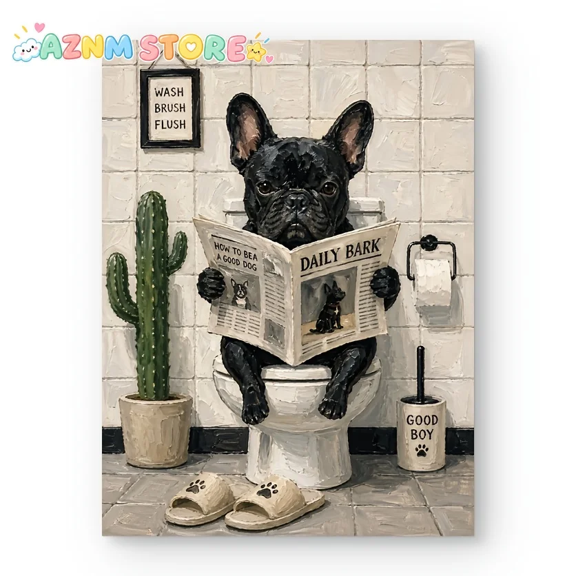 2027Posters And Prints 1pc Unframed Quirky French Bulldog Bathroom Canvas Wall Art Print, Oil Painting Style Black Dog Sittin