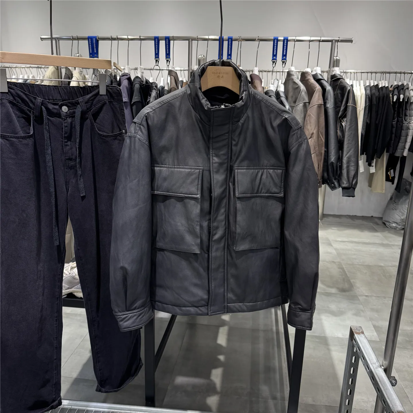 الرجال الدفء بو الجلود Jaet أسفل معطف الوقوف طوق دراجة نارية Sle الشتاء Thiened Faionable Cleanfit سستة إغلاق #3