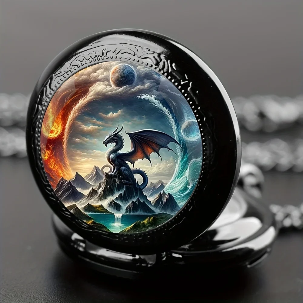 1pc Retro Dragon Quartz Pocket Watch, Cool Black Necklace, Unique Pendant Clock With Chain