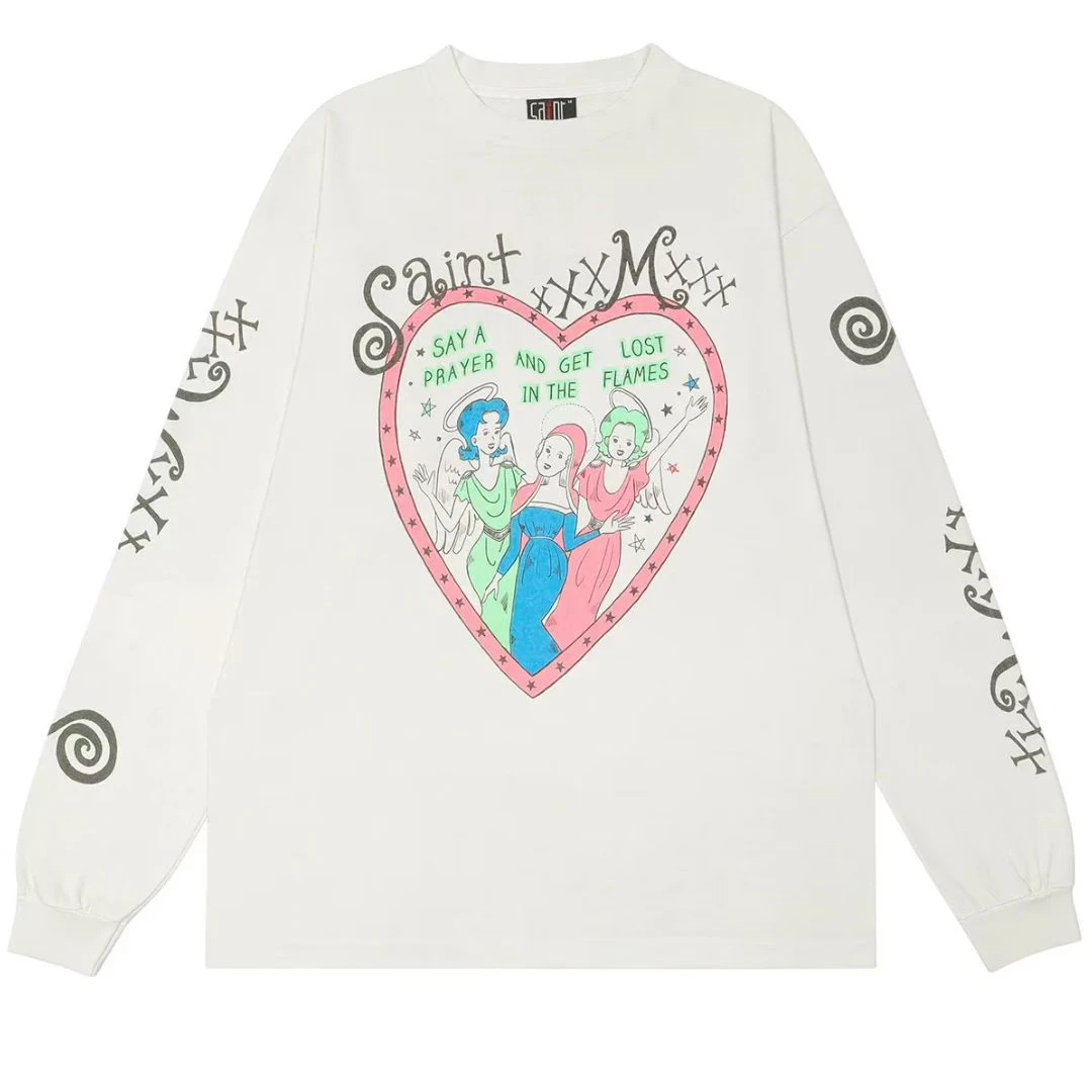 25fw Saint T-Shirt Long Sleeves Oversize Vintage White T Shirt High Quality Cotton T Shirt