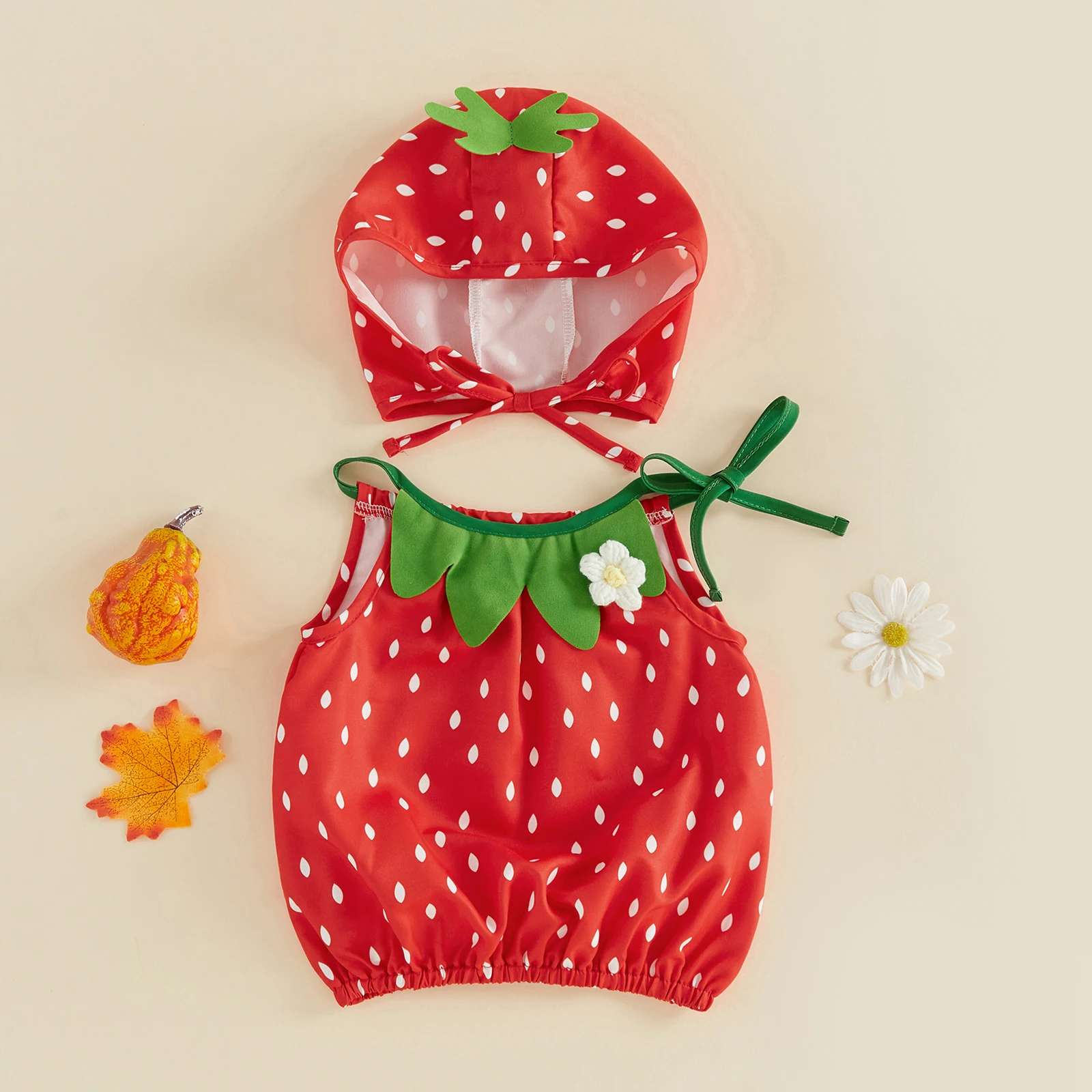 Tregren 0-18M Infant Baby Girls Halloween Strawberry/Pumpkin/Ghost Costume Halter Neck Romper with Hat 2pcs Sets
