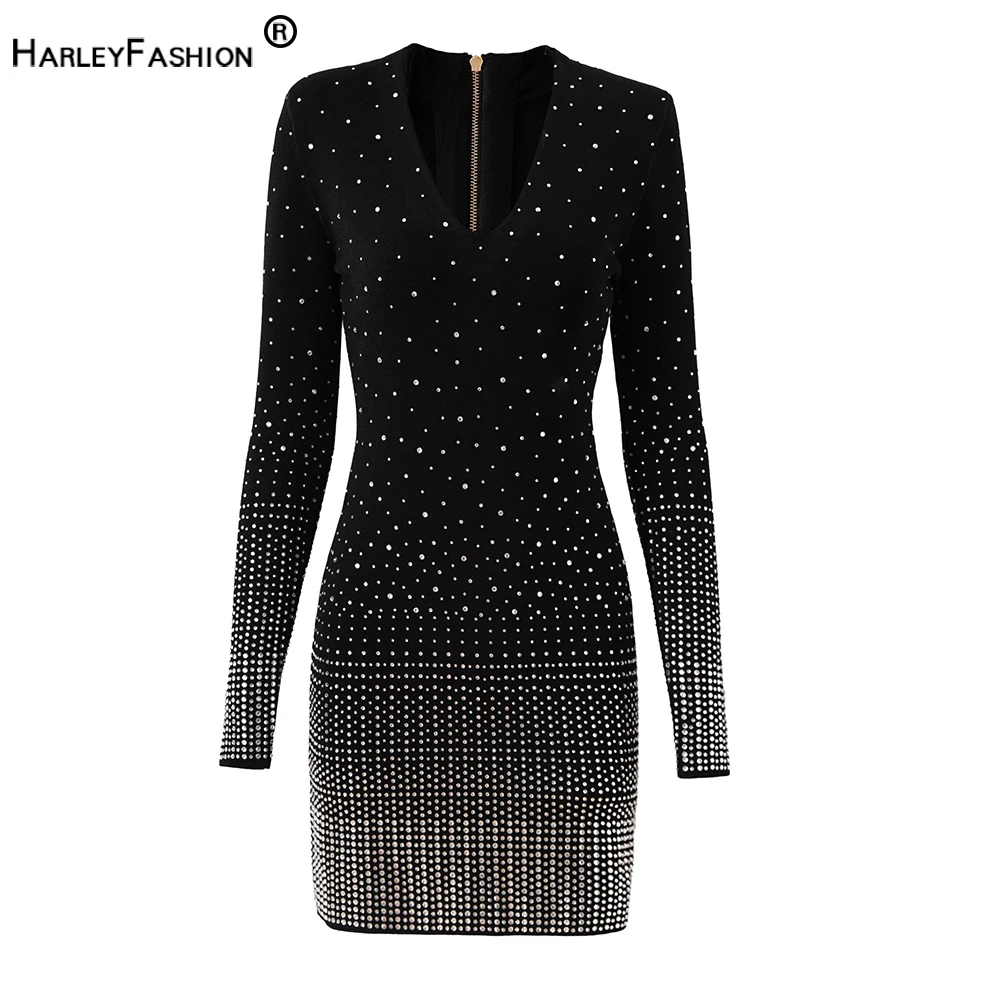 New Party Evening Designing V-neck Luxury Beadings Stretchy Knitting Black Women Shining Dress High Quality