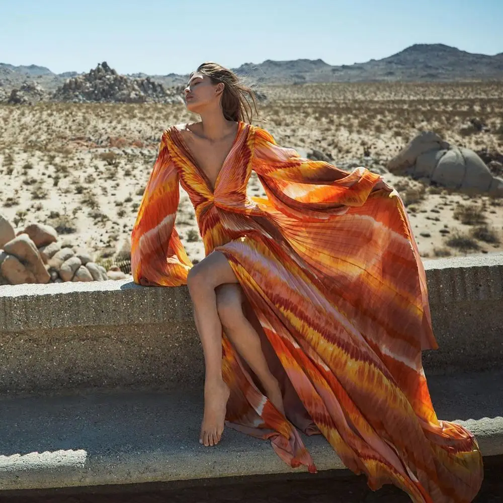 النساء ملابس السباحة الخامس الرقبة طويلة الأكمام بلا أكمام عطلة الشاطئ ملابس السباحة قطعتين مجموعة الصيف مجموعة البكيني ارتداء فستان ماكسي #5