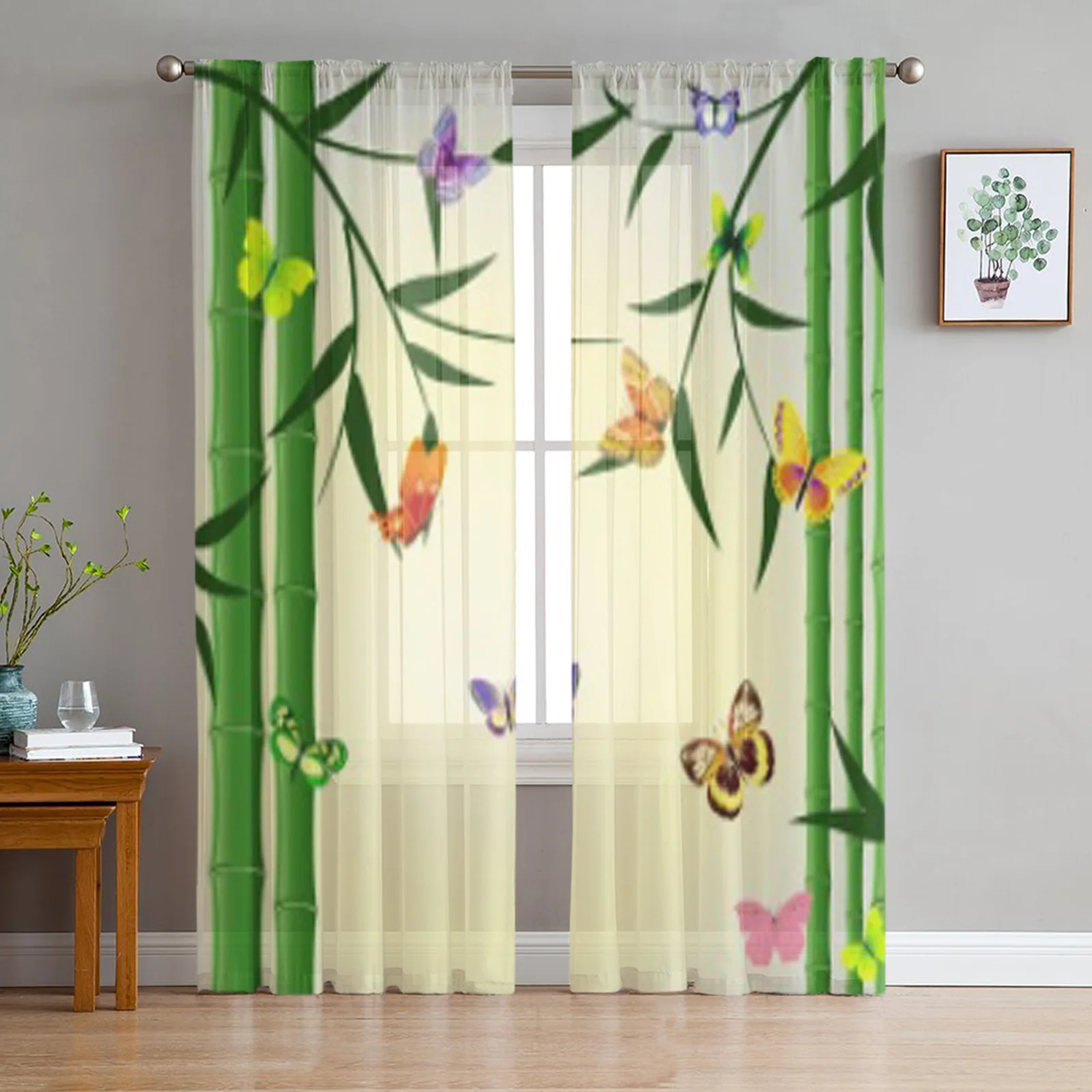 Oriental Bamboo Butterflies Sheer Curtain For Living Room Bedroom Voile Curtains For Window Organza Curtains Party Tulle Drapes